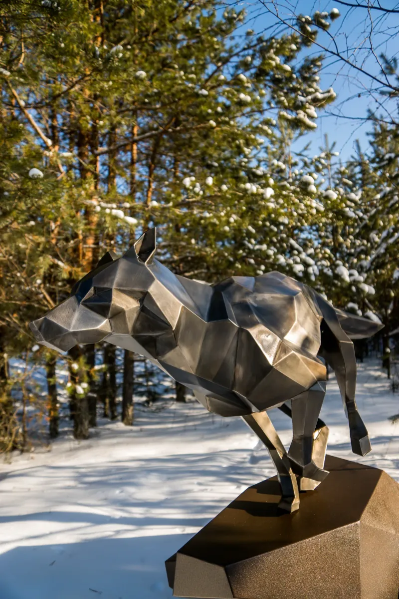 Customer-built low-poly steel Wolf Running sculpture