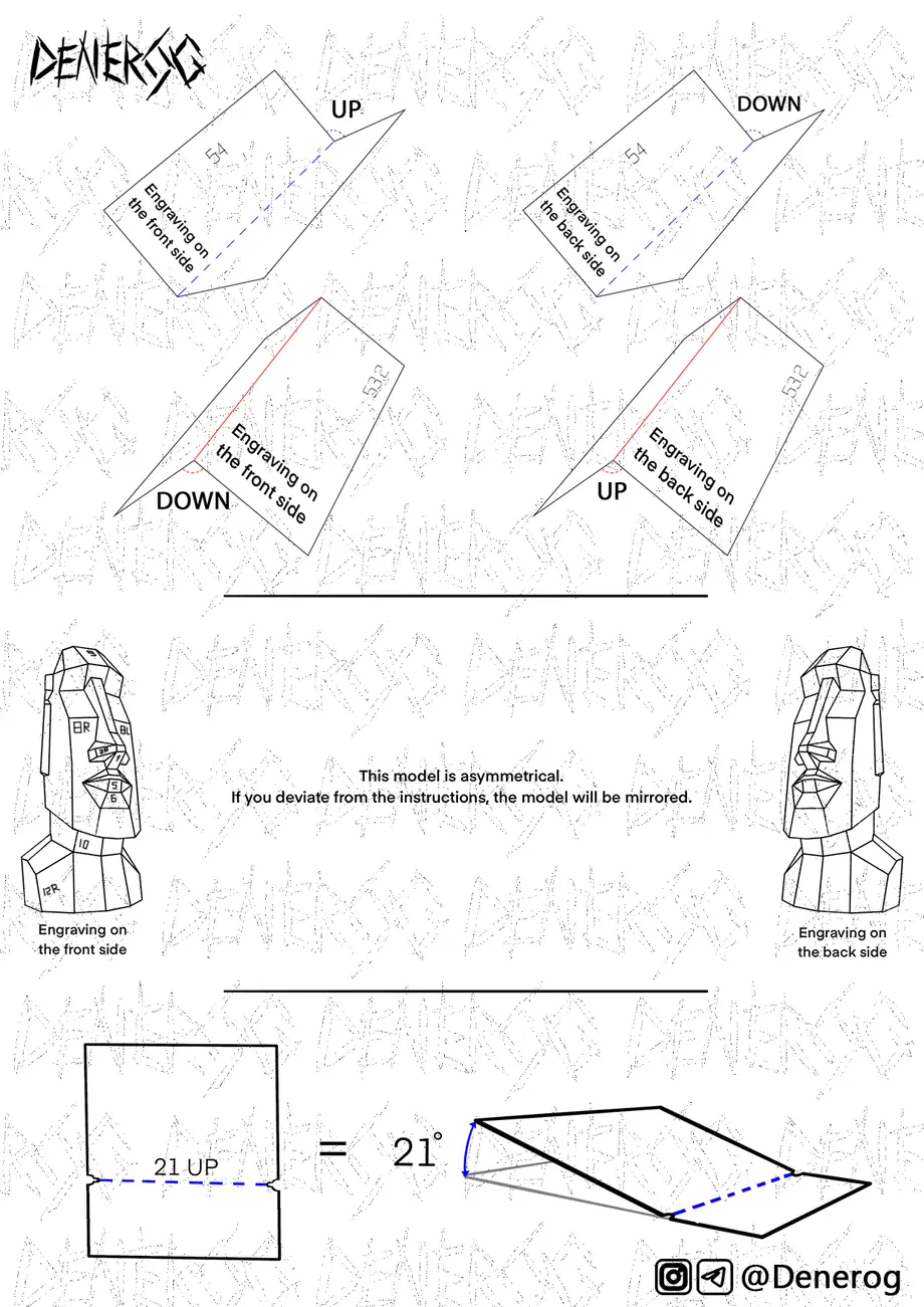 Bend direction diagram for an asymmetrical model: bending with the engraving on the wrong side mirrors the sculpture