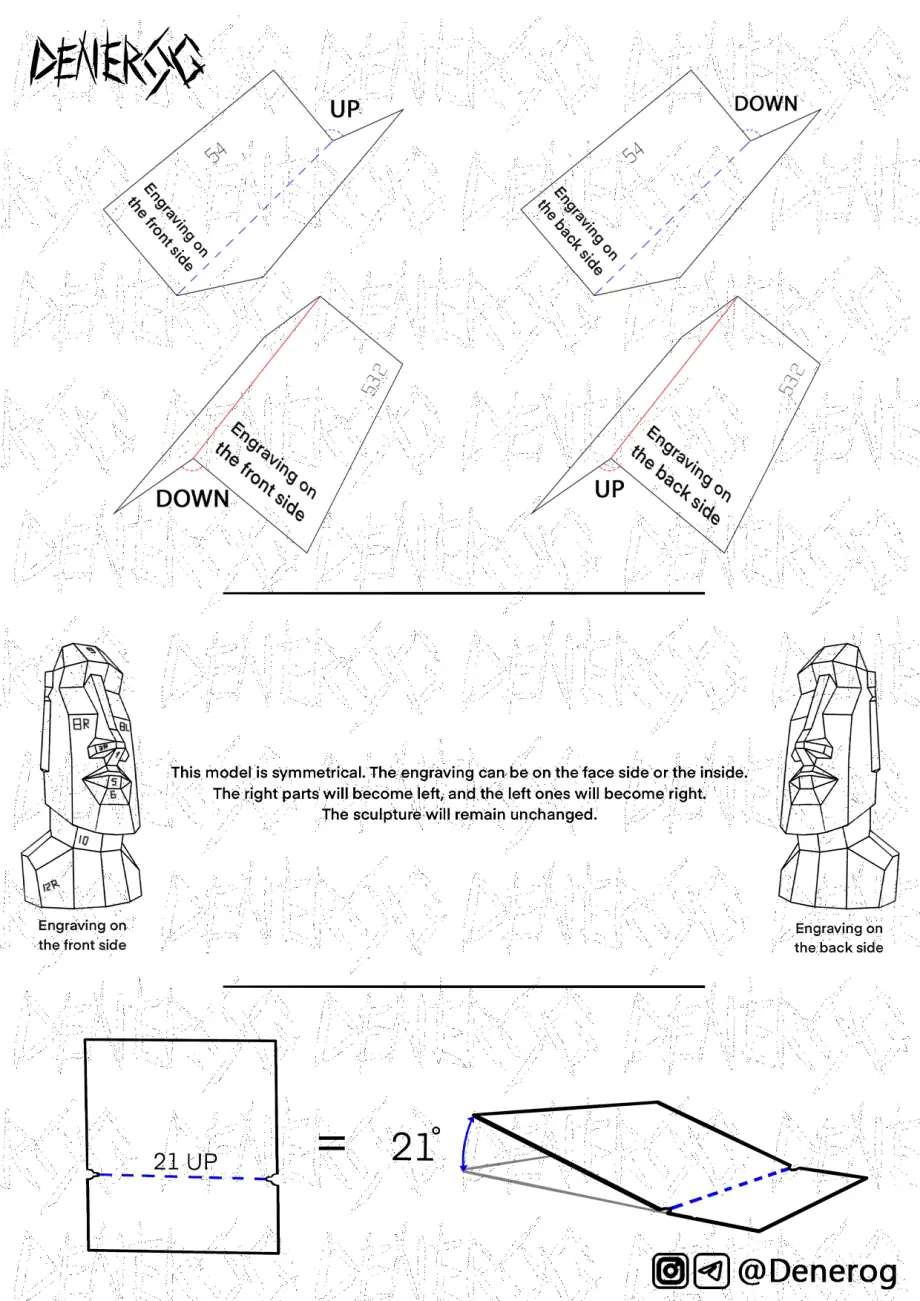 Bend direction diagram for a symmetrical low-poly Moai: UP and DOWN with the engraving on the front or the back