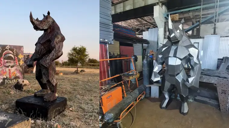 Customer-built low-poly steel Standing Rhino sculptures, one finished outdoors and one in bare steel in the workshop