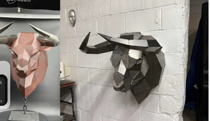 Customer-built low-poly steel Bull Head wall sculptures in copper and raw steel finishes