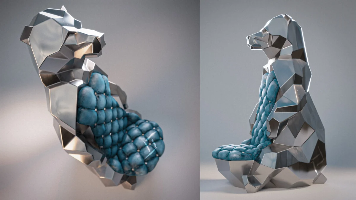 Finished welded low-poly steel Bear Armchair sculpture