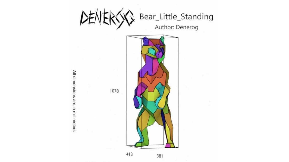 Bear Cub Standing DXF plan showing the numbered part layout and dimensions in millimetres