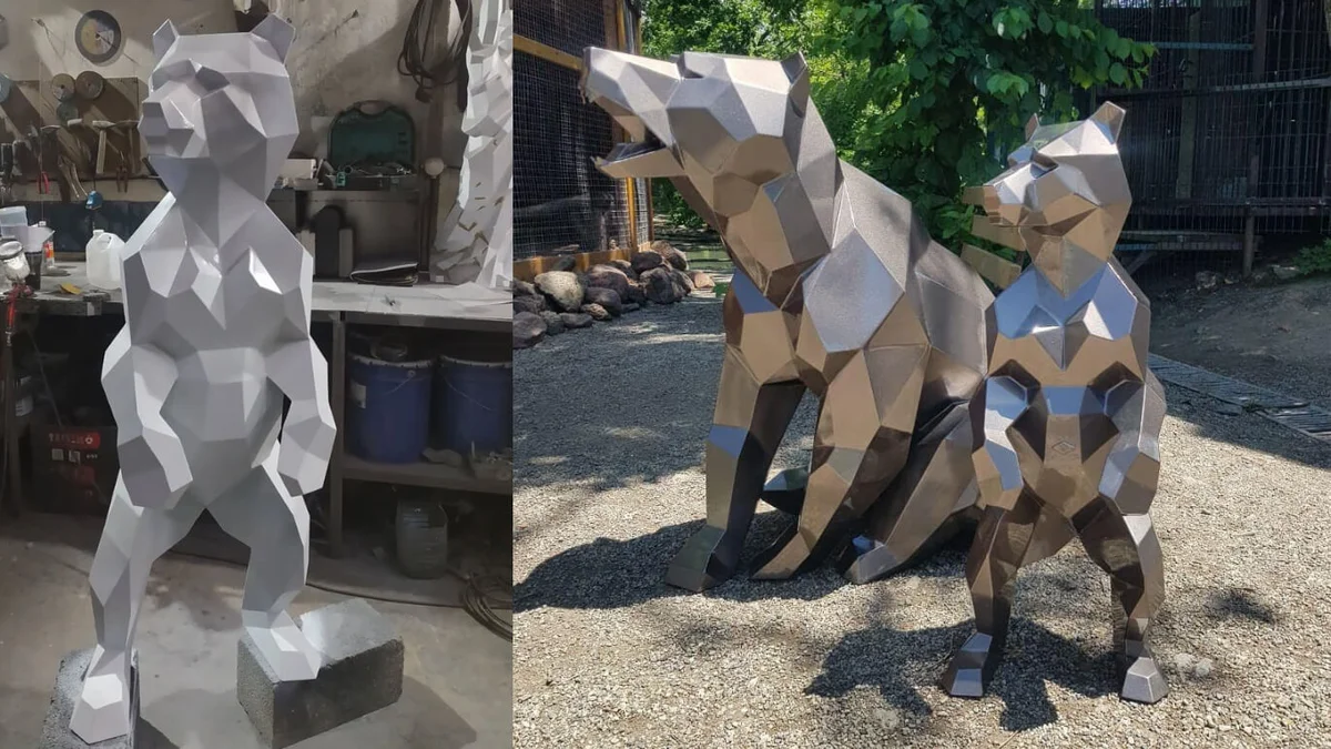 Finished welded low-poly steel Bear Cub Standing sculpture