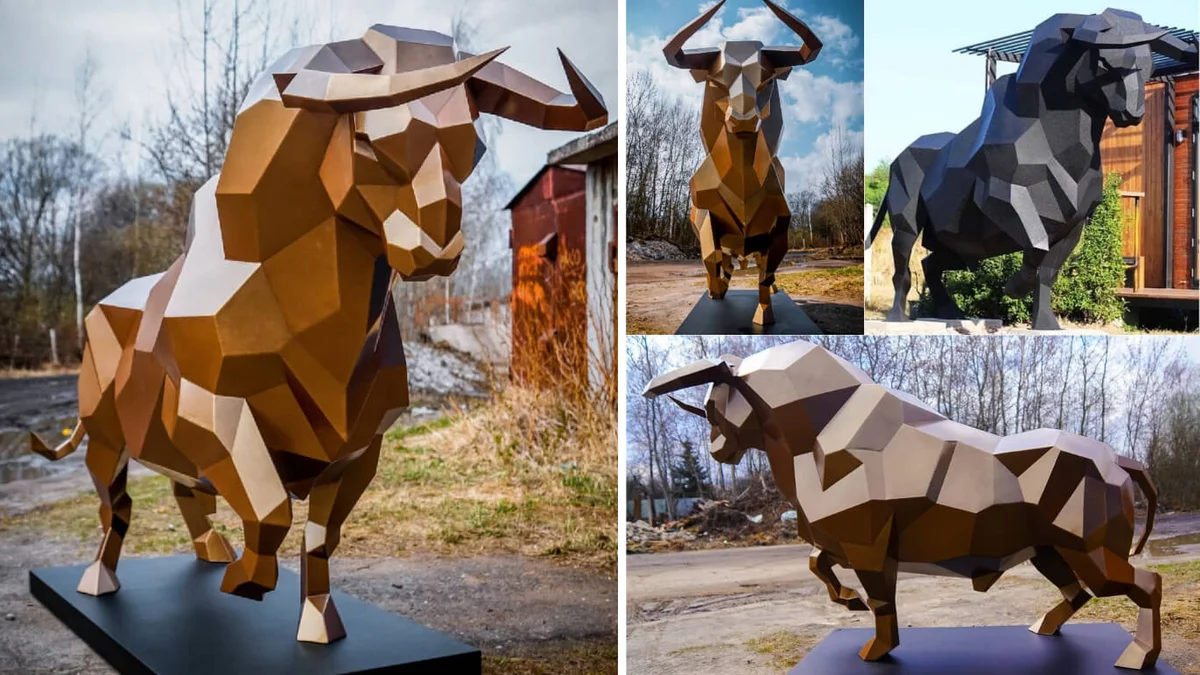 Finished welded low-poly steel Bull Standing sculpture
