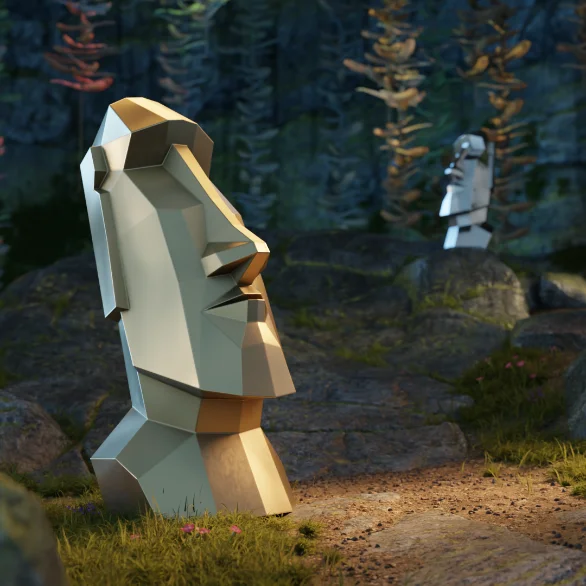Low-poly steel Moai sculpture