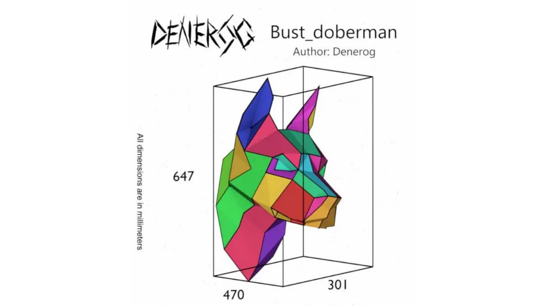 Doberman Head 1 DXF plan showing the numbered part layout and dimensions in millimetres