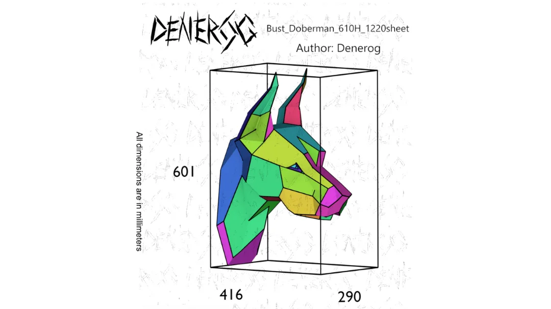 Doberman Head 2 DXF plan showing the numbered part layout and dimensions in millimetres