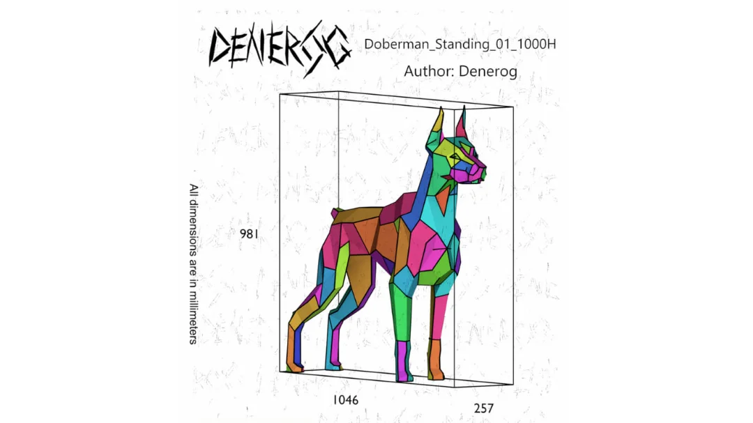 Doberman Standing DXF plan showing the numbered part layout and dimensions in millimetres