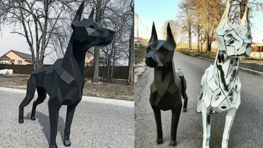 Finished welded low-poly steel Doberman Standing sculpture