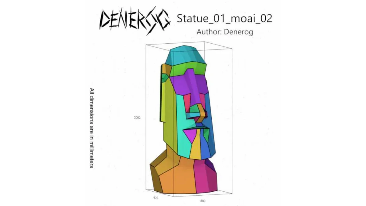 Moai DXF plan showing the numbered part layout and dimensions in millimetres