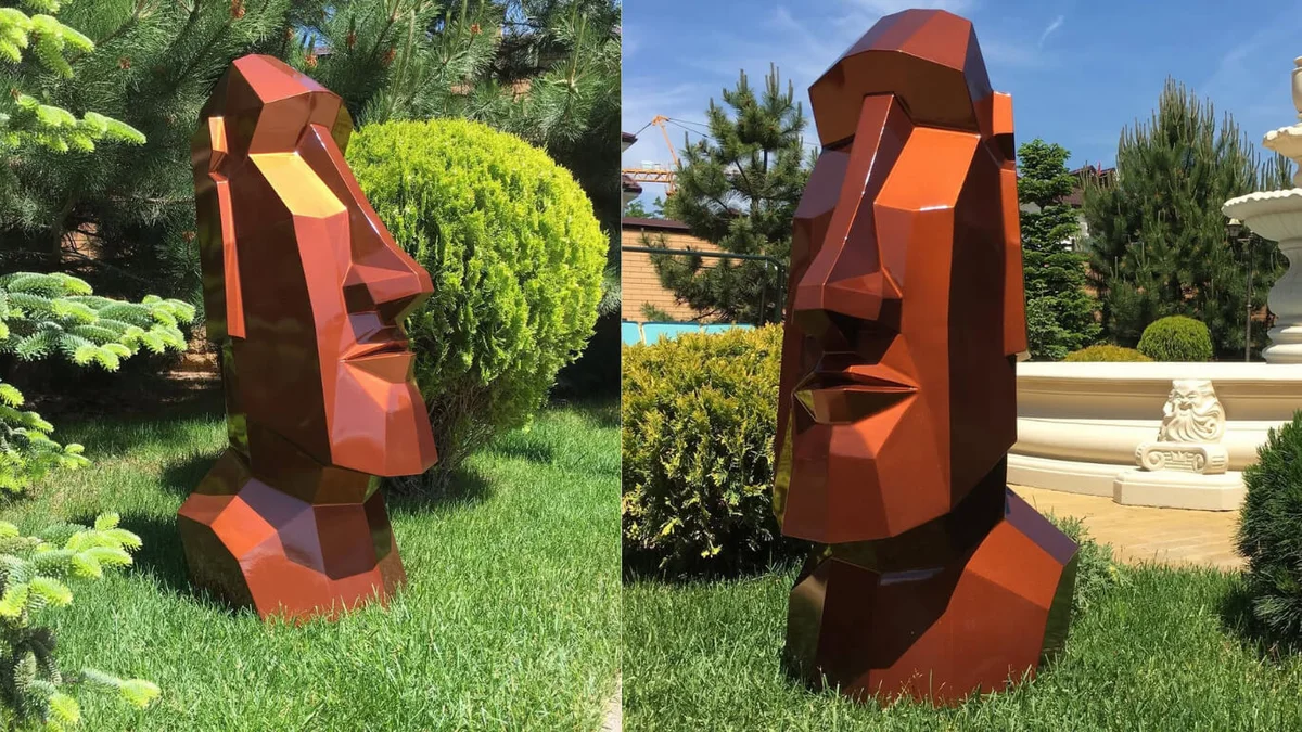 Finished welded low-poly steel Moai sculpture