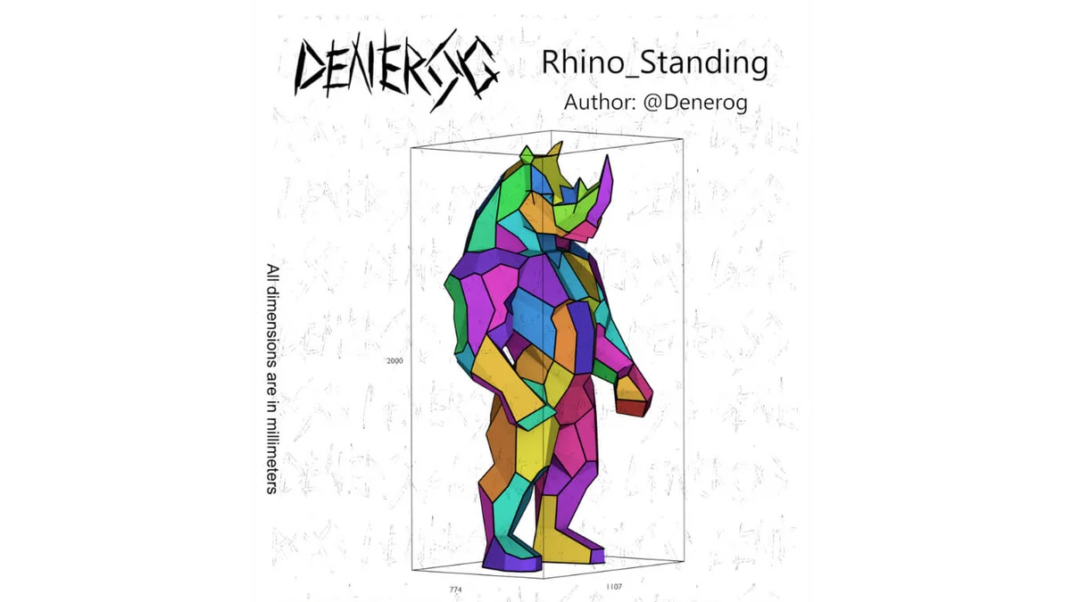 Standing Rhino DXF plan showing the numbered part layout and dimensions in millimetres