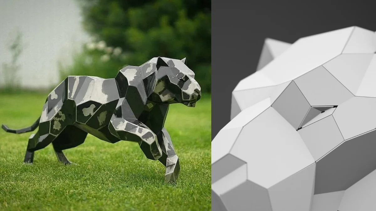 Finished welded low-poly steel Tiger Jumping sculpture